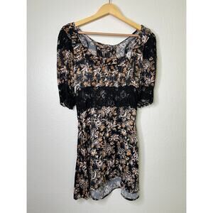 Free People Lucie Mini Dress Fairy Whimsy Goth Lace Floral Black Size 6